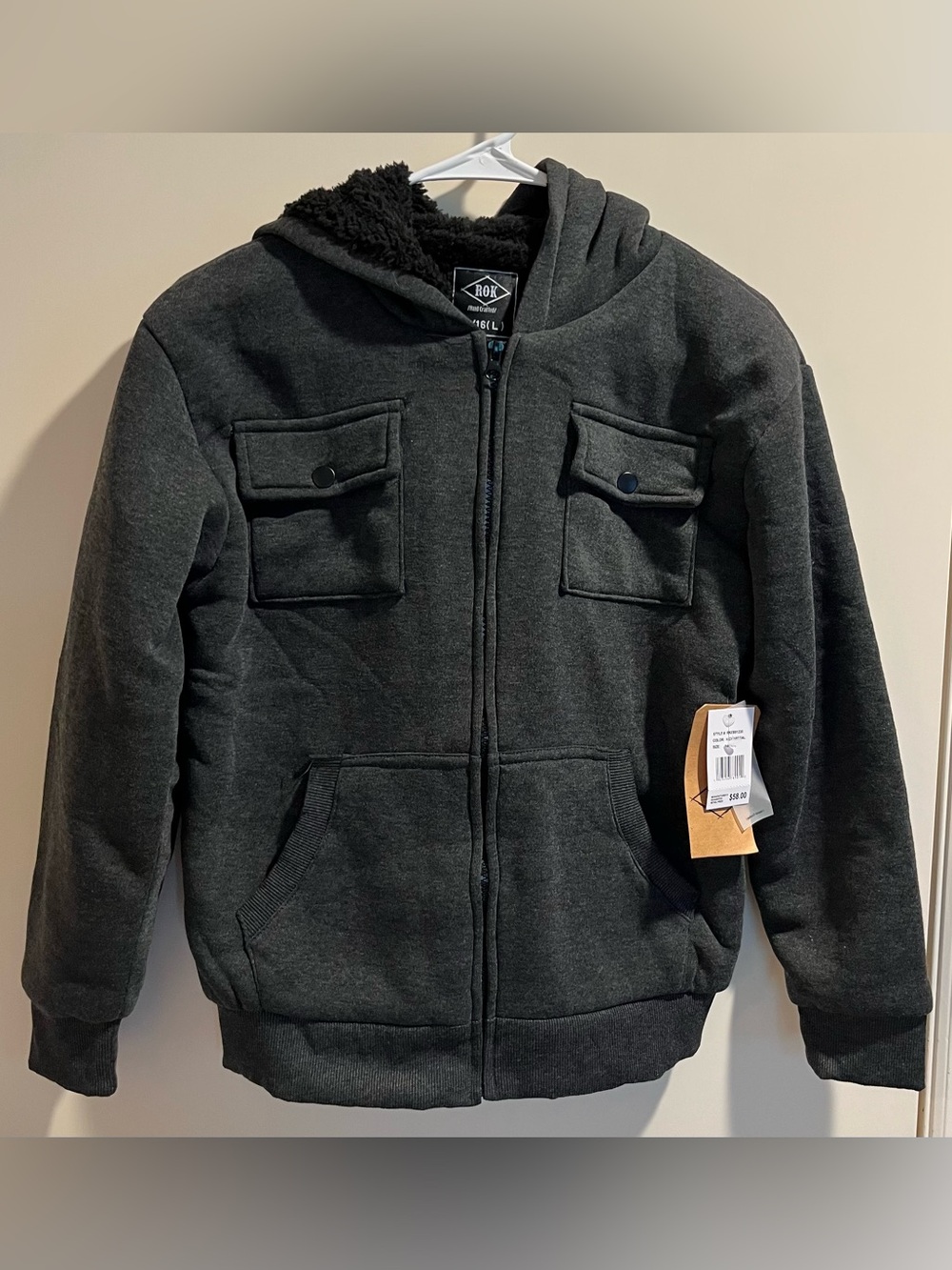 NWT Boy’s ROK Fleece/Sherpa Lined Hooded Full Zip Jacket - Charcoal Large 14/16